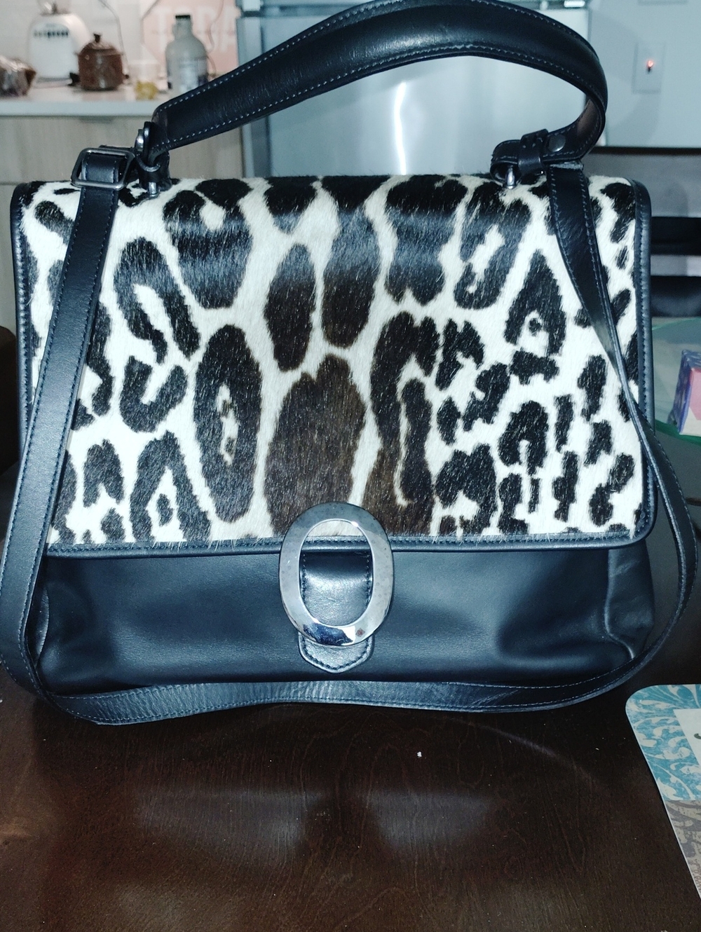 Cavalcanti Leopard Print Top-Handle Satchel in Black and White,Leather